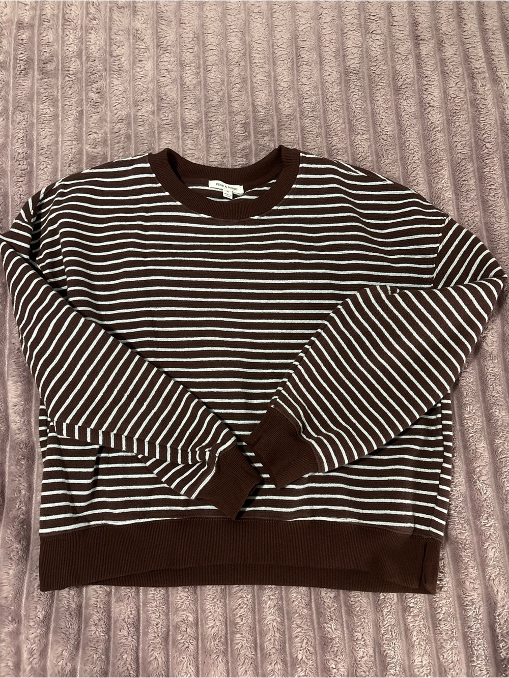 Pink Rose Brown and Light Blue Striped Crewneck Sweater